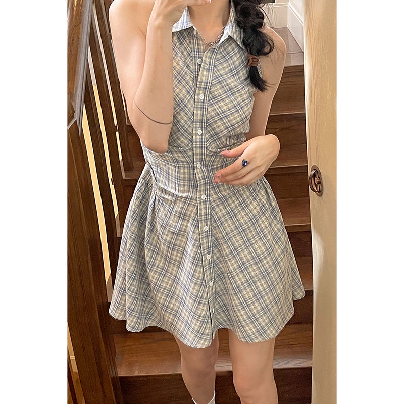 Đầm Sơ Mi Sát Nách Cổ Chữ V Họa Tiết Sọc Caro Thời Trang Mùa Hè Mới