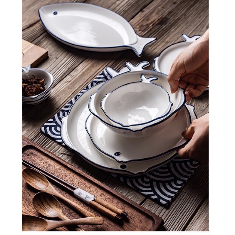 Set bát và đĩa hình con cá