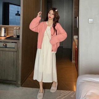 Set váy babydoll kèm áo khoác len hồng