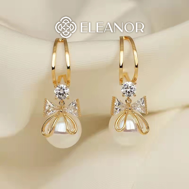 Bông tai nữ ngọc trai nhân tạo Eleanor Accessories đính đá hình nơ phụ kiện trang sức thanh lịch xinh xắn