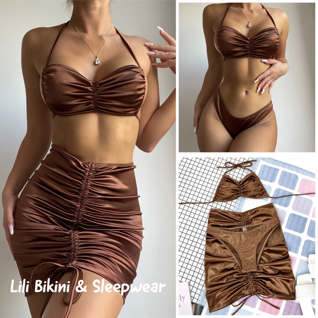 Bộ đồ bơi bikini Âu Mỹ 3 mảnh màu nâu da bóng siêu sexy kèm váy ôm body hàng cao cấp