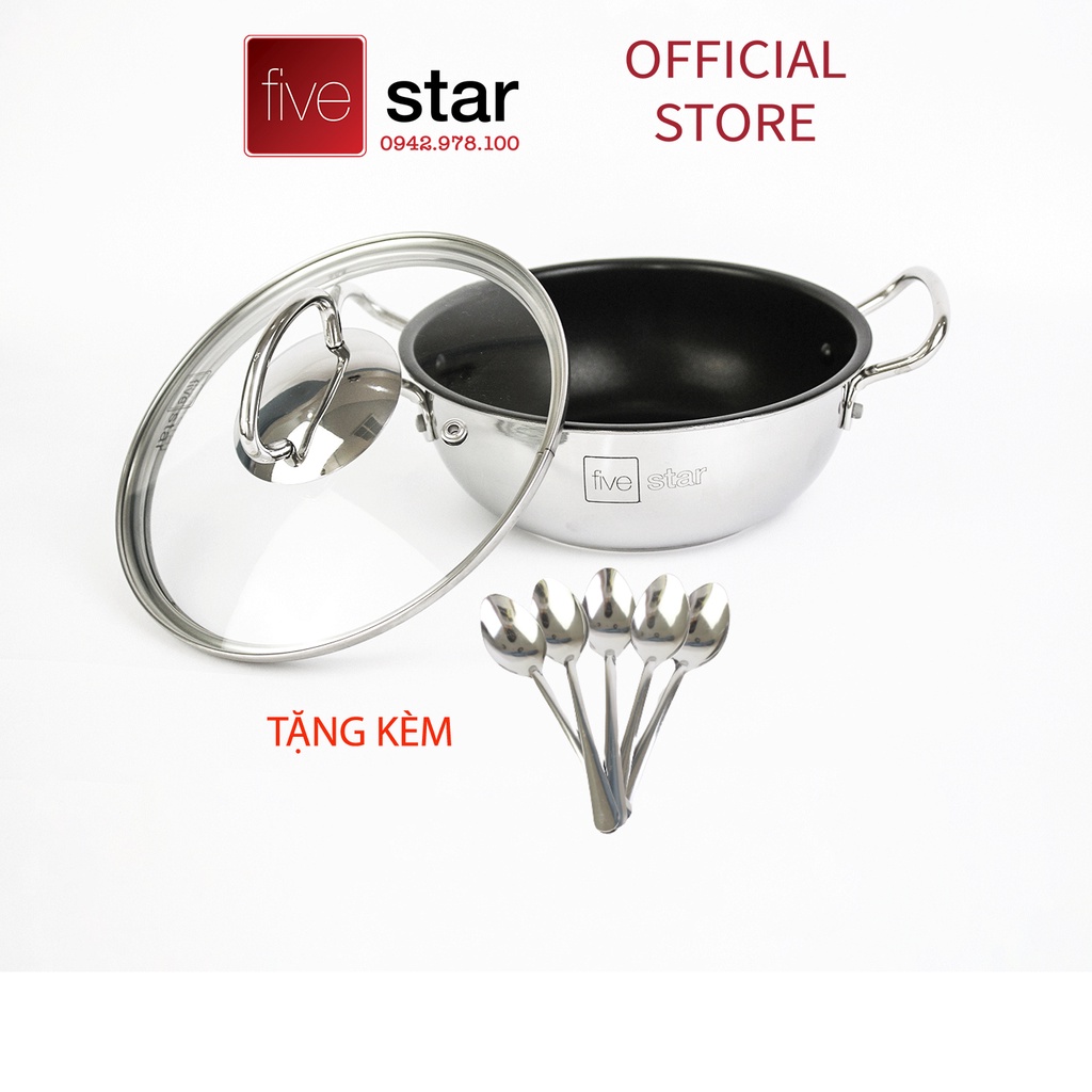 Nồi inox chống dính Fivestar nắp kính inox 430 dùng kho cá , chiên , xào , tặng 5 muỗng ăn ( 18cm / 20cm / 22cm )