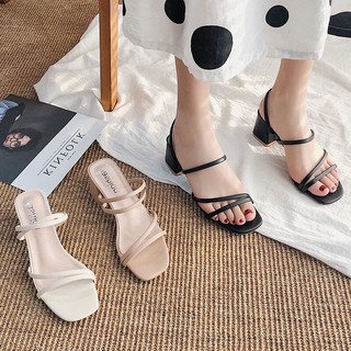 Sandal cao gót nữ 4 phân quai mảnh gót vuông
