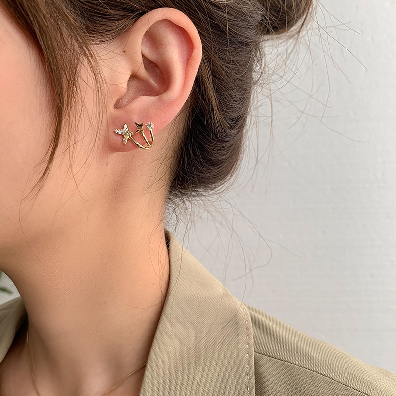 Bông Tai Ba Hàng Hình Bướm Đính Đá Lấp Lánh Phong Cách Hàn Quốc