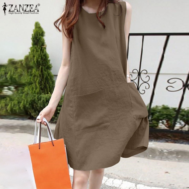 Đầm midi ZANZEA không tay cổ tròn có túi phía trước dành cho nữ