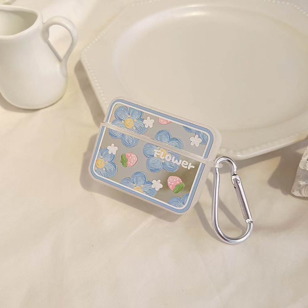 Vỏ Bảo Vệ Hộp Sạc Tai Nghe Apple AirPods 1 2 3 Pro Pro 2 Pro Không Dây Chất Liệu TPU Họa Tiết Hoa Màu Xanh Dương Gắn