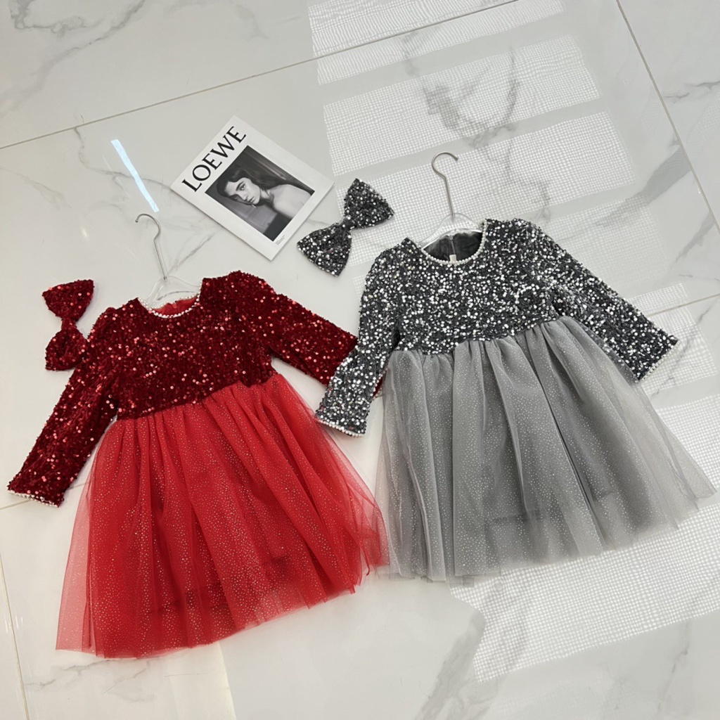 Đầm Công Chúa Tay Dài Màu Đỏ Bóng Đính Kim Sa Lấp Lánh Thời Trang Năm Mới Cho Bé Gái