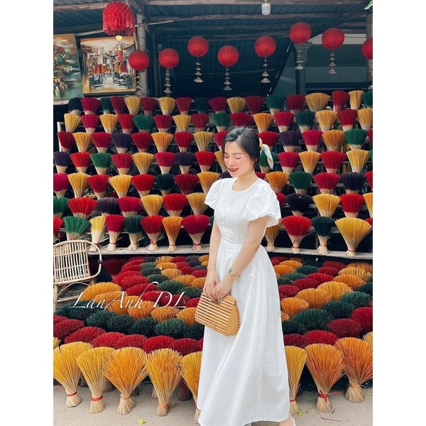 Váy maxi thô tay bồng hở lưng chiết eo xinh xắn