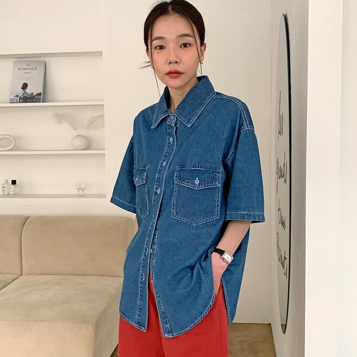 Áo Sơ Mi Denim Tay Ngắn Dáng Rộng Phối Hai Túi Thời Trang 50464