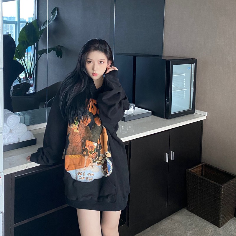 Mặc gì đẹp: Hạnh phúc với Áo hoodie tay dài dáng rộng màu đen phong cách Hàn Quốc cổ điển thời trang cho cặp đôi