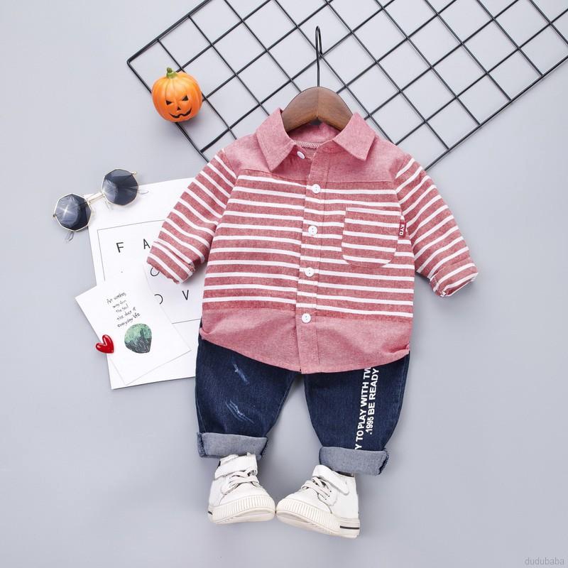 Bộ áo tay dài kẻ sọc + quần jean denim cho bé trai từ 0-5 tuổi