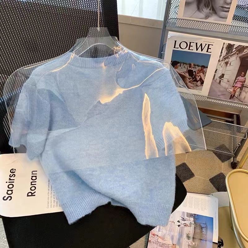 Áo Sweater Nữ Tay Ngắn In Hoa Màu Xanh Dương