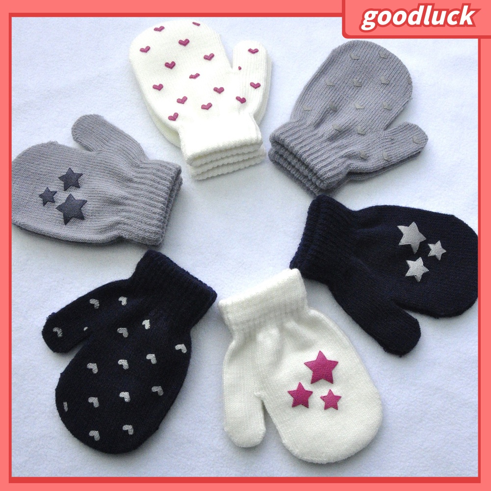 1 Đôi Găng Tay Dệt Kim Chống Trầy Xước In Hình Trái Tim / Ngôi Sao Thời Trang Mùa Đông Cho Bé