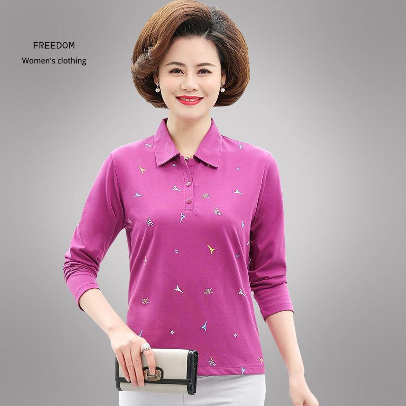 freedom  Áo thun nữ trung niên, cotton plus size, mặc mẹ, quần xuân thu, dài tay Hàn Quốc- sơ mi POLO ve người già và ca