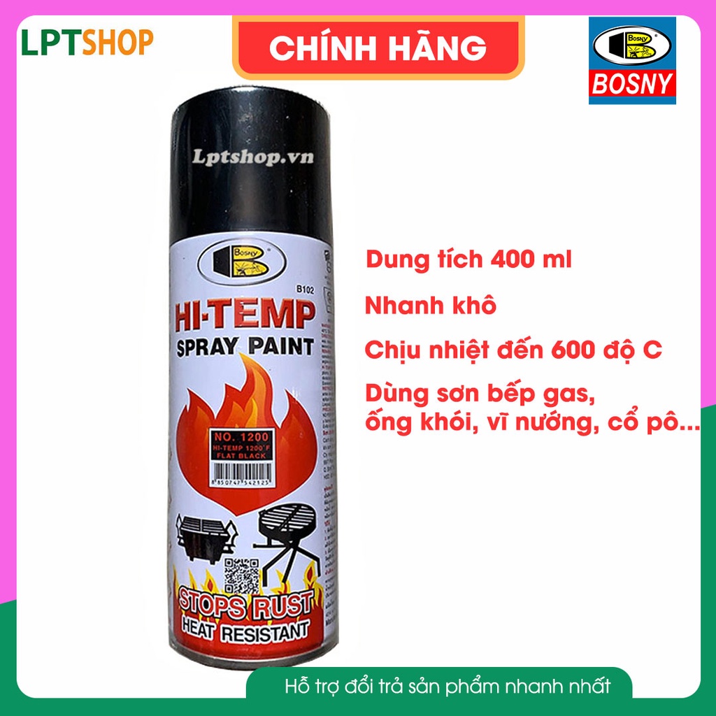 Sơn xịt chống cháy, Sơn xịt chịu nhiệt độ cao 1200°F 400cc- HI-TEMP Spray Paint- Hiệu Bosny (Màu đen mờ, màu bạc)