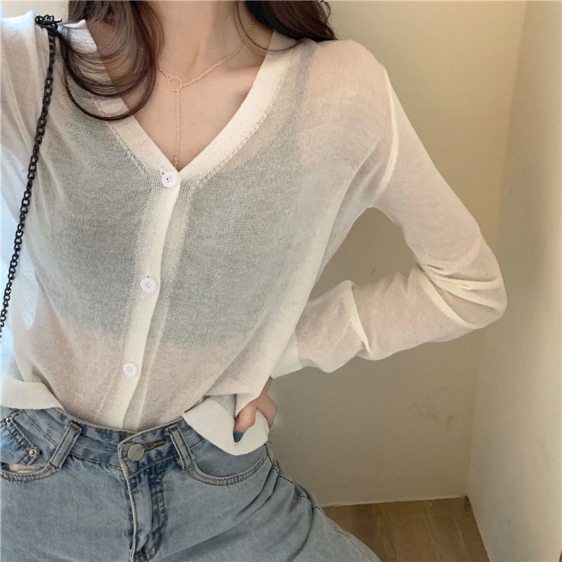 Áo Cardigan Dệt Kim Mỏng Tay Dài Cổ Chữ V Thời Trang Mùa Hè Phong Cách Hàn Quốc Cho Nữ