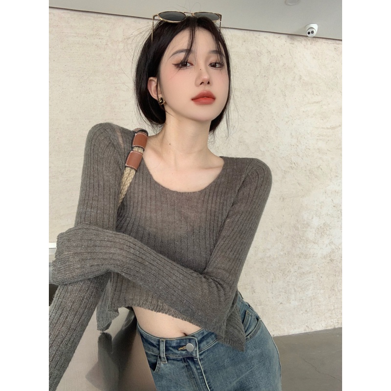 HUANG YOYO  Áo Thun Nữ Dài Tay Cổ Tròn Thời Trang Hàn