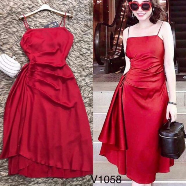 Đầm body đỏ 2 dây xếp li 4k