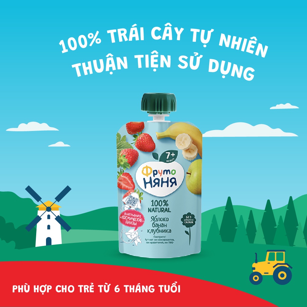 Combo 6 Gói Trái cây nghiền vị táo, chuối và dâu tây Fruto Nyanya 90g/gói