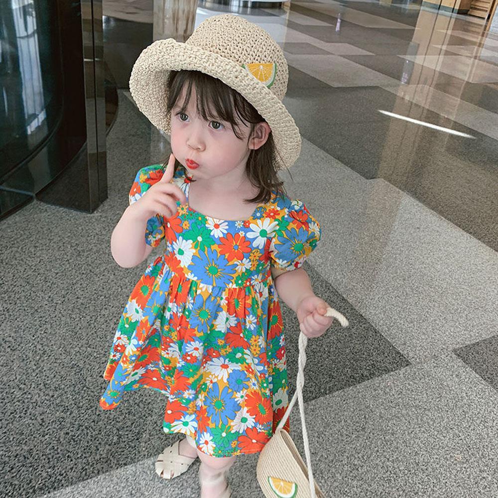 Đầm Hoa Tay Phồng Thời Trang Mùa Hè Hàn Quốc Cho Bé Gái 2-7 Tuổi