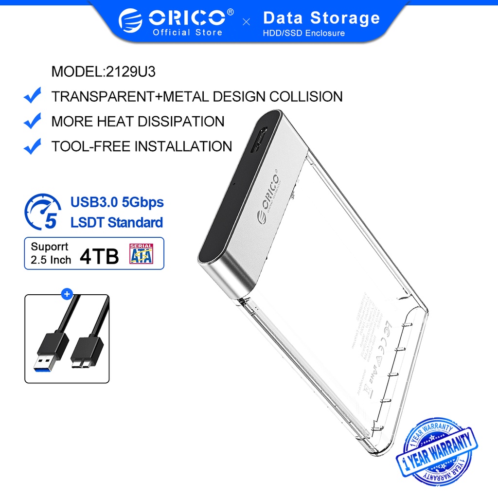 Hộp Đựng Ổ Cứng Orico HDD SSD SATA 2.5 Inch Màu Trong Suốt Hỗ Trợ Dung Lượng 4tb Và Giao Thức UASP 2129U3