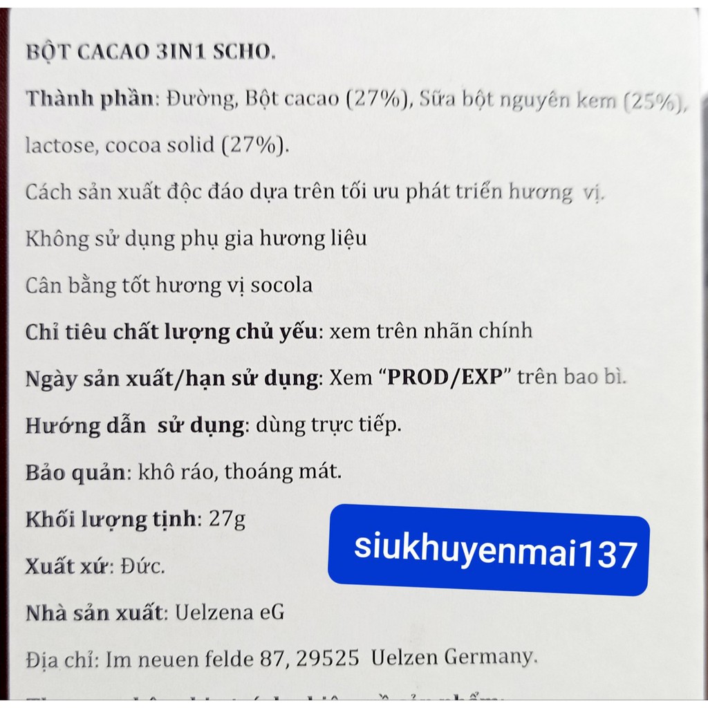 bột cacao Đức Scho hộp 270 gr( 10 gói)  3 in 1, 8.2021