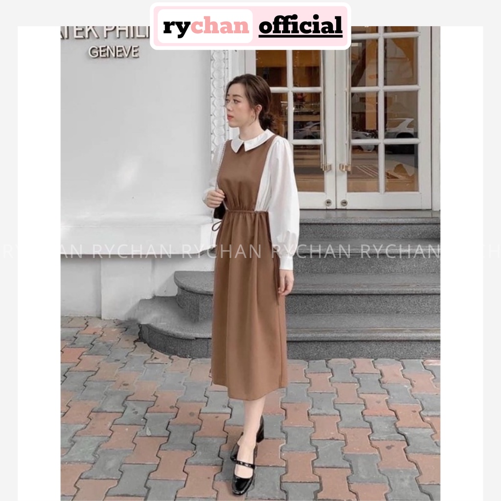 Đầm Nữ Dự Tiệc Màu Nâu Phối Yếm Tay Dài Trắng Cổ Trụ Cực Retro Vintage, Đầm Nữ Xinh Cực Cổ Điển - DX9776