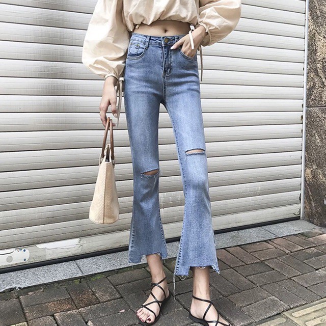 (Order) có bigsize Quần jeans rách gối, gấu loe lệch tua rua hot hit, sang chảnh, mẫu mới 2019 Quảng Châu