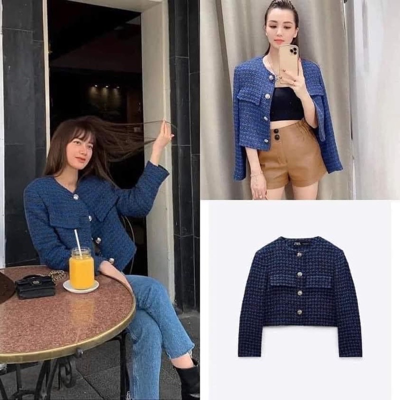 Áo khoác dạ tweed màu xanh nước biển Zara authentic