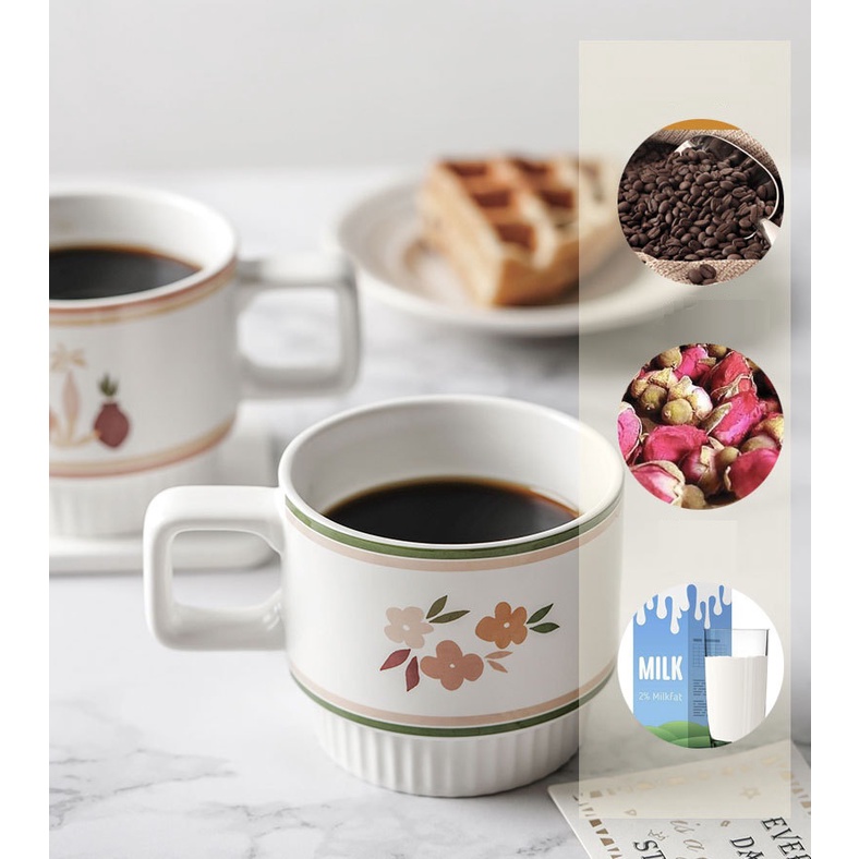 Cốc sứ uống trà, cafe 320ml in hình hoa vintage phong cách Bắc Âu
