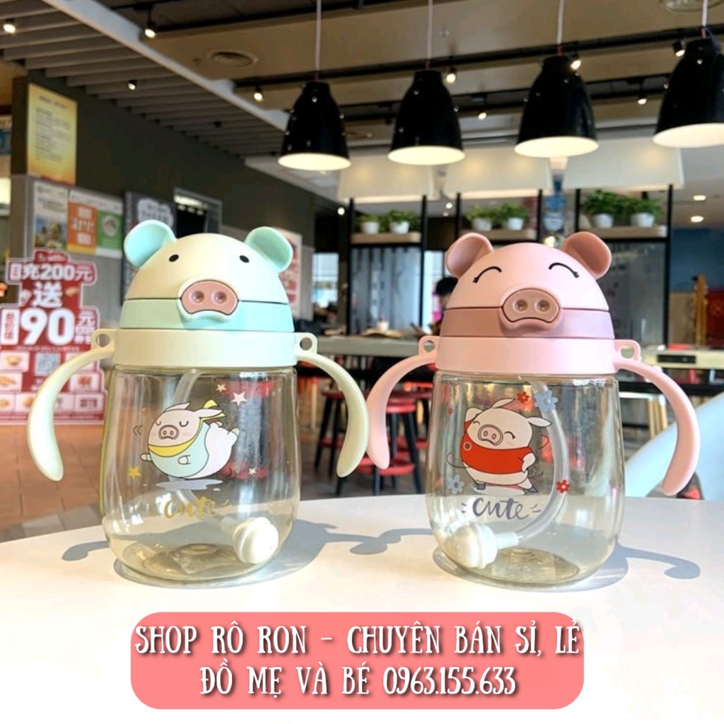 [Tặng kèm dây đeo] Bình nước chống sặc - Bình tập uống cho bé hình Lợn con [415ml] - Shop Rô Ron