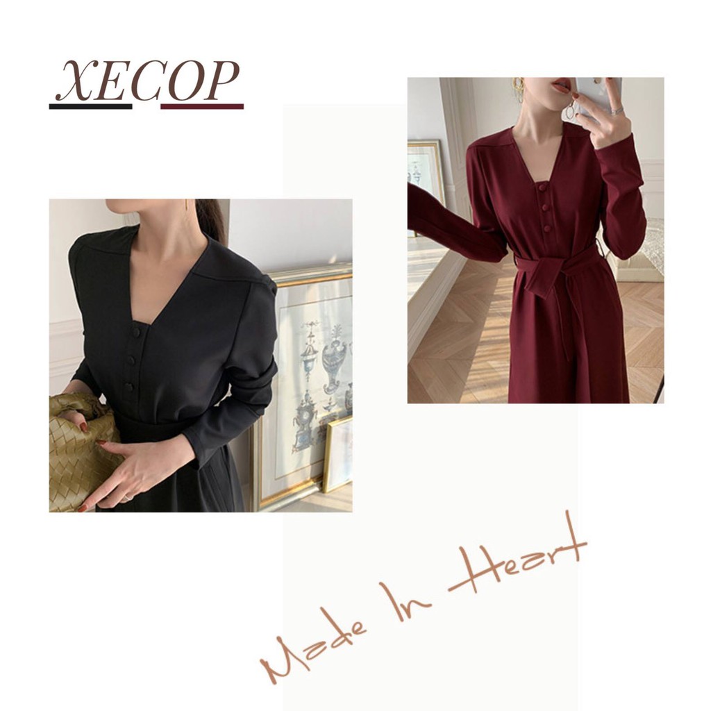 Đầm Xecop cổ V tay dài
