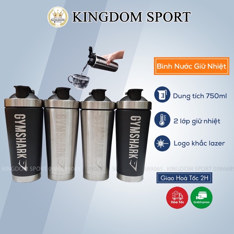 [2 lớp giữ nhiệt] Bình Lắc Shaker Tập Gym - Chai Nước Inox Gym Shark Giữ Nhiệt KINGDOM SPORT