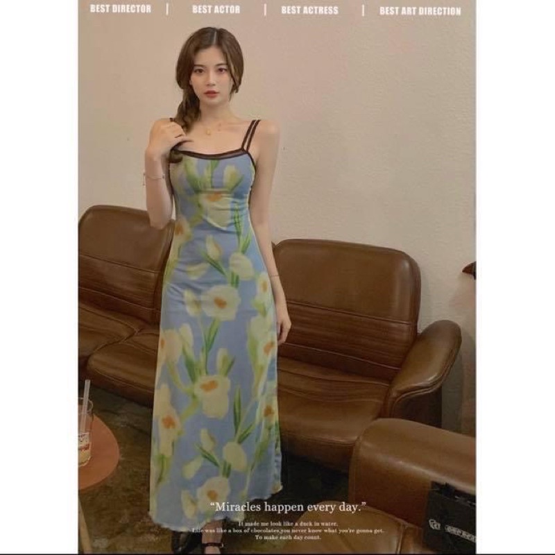 Đầm maxi hai dây kiểu nữ dáng suông dài rũ ôm hoa - Order taobao quảng châu