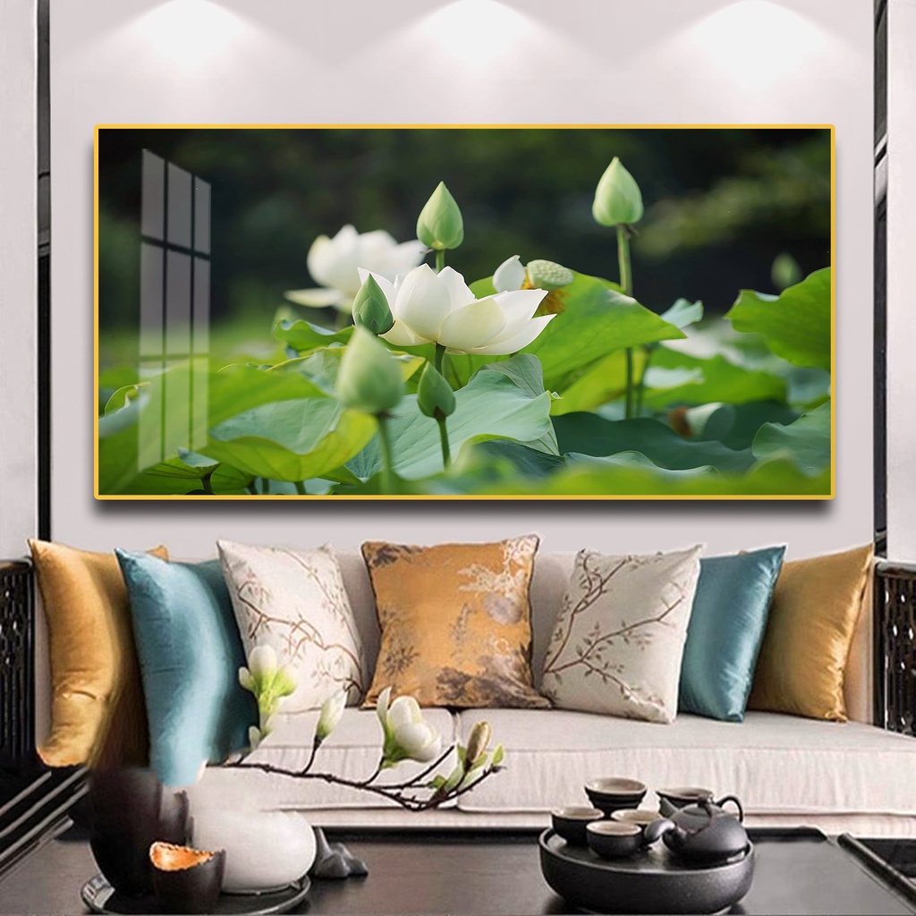 Tranh treo tường hoa sen mang nhiều ý nghĩa phong thủy tốt lành- Hoàn thiện đầy đủ và tặng đinh 4 chân treo tranh.