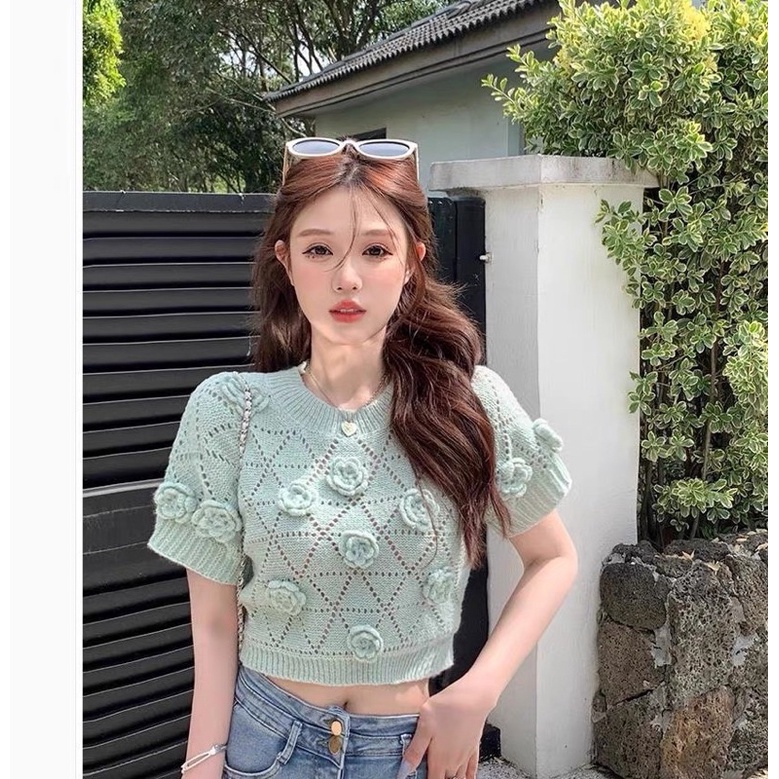 Áo len hoa nổi croptop Quảng Châu hot hit, Áo len croptop hoa nổi siêu xinh
