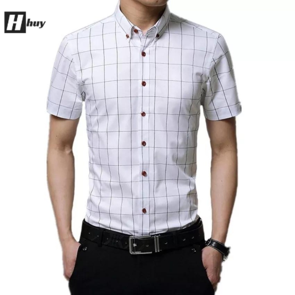 Áo sơ mi nam ngắn tay phối họa tiết caro H&H-SM5 chất vải mềm mịn thoáng mát