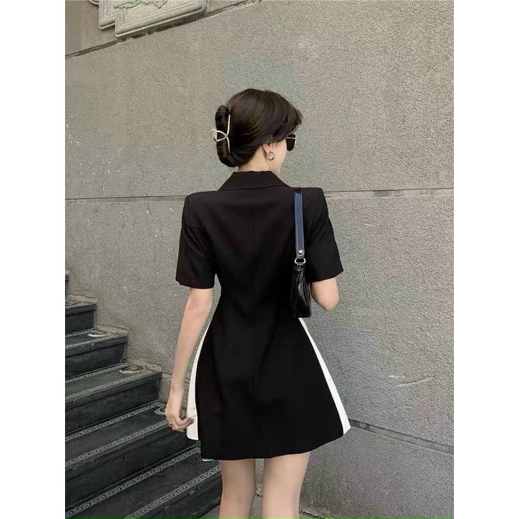 [8.8 Sales Freeship] Đầm đen ulzzang phối màu trắng cổ vest tay ngắn sang trọng, đầm chéo tà phong cách hàn quốc dx