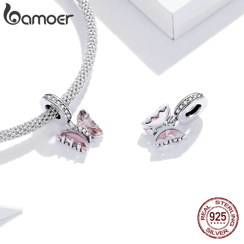 Mặt Vòng Tay/Vòng Cổ Bamoer BSC423 Bạc 925 Hình Bướm Hồng Mộng Mơ Cho Nữ