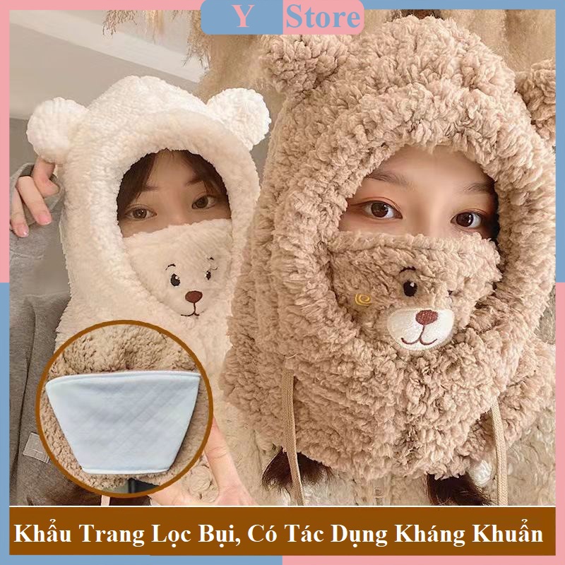 Mũ len lông cừu trùm tai kèm khẩu trang kháng khuẩn hình gấu