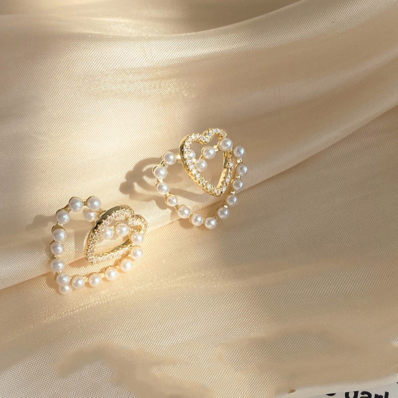 Bông tai mạ bạc 925 hình trái tim đôi đính kim cương ngọc trai giả kiểu Hàn Quốc F028