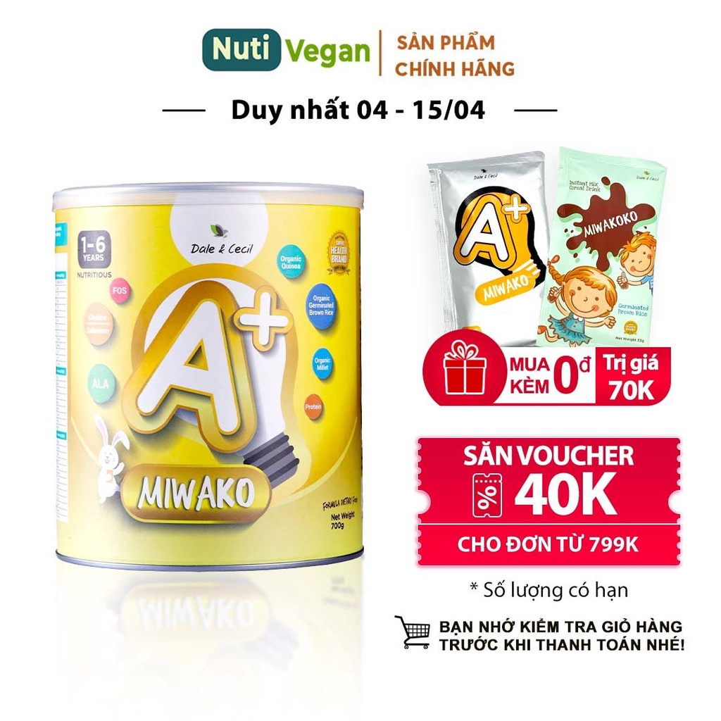 Sữa Miwako A+ Hộp 700g Vị Vani Nhập Khẩu Malaysia, Sữa Hạt Cho Bé 1 Tuổi Trở Lên Giúp Cải Thiện Ngôn Ngữ - nutivegan
