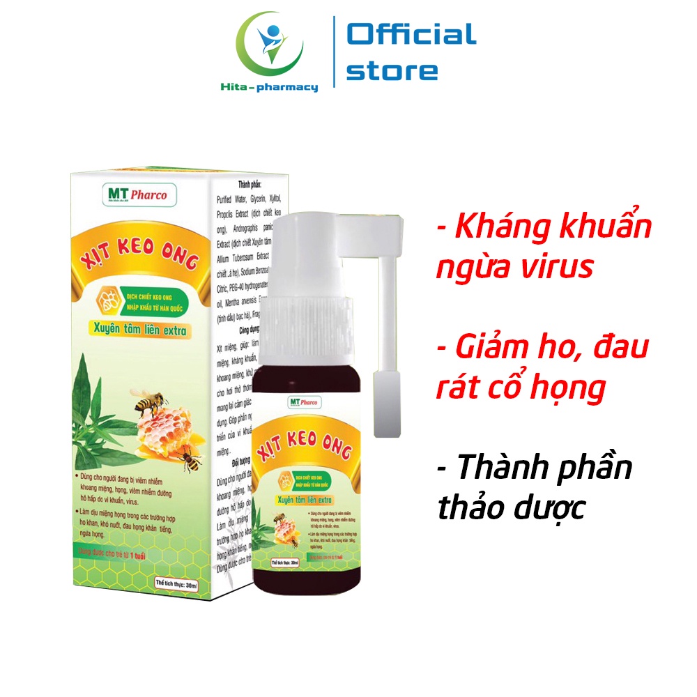 Xịt Keo Ong MT Pharco xuyên tâm liên, bạc hà kháng khuẩn virus, giảm ho đau rát họng - 30ml