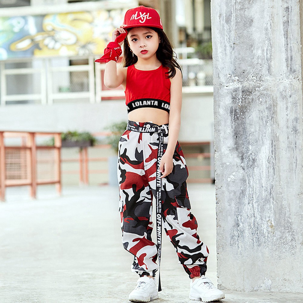 Set Áo Tank Top + Quần Dài Hoạ Tiết Lính Phong Cách Hip-Hop Cho Bé Gái