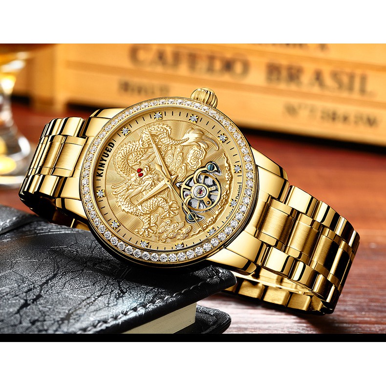 Đồng hồ nam Kinyued 1986 JYD-J061 Máy cơ viền đá mặt rồng nổi 3D