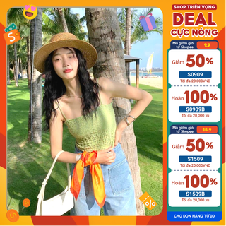 Croptop xốp nhún MingMing áo hai dây xanh cốm