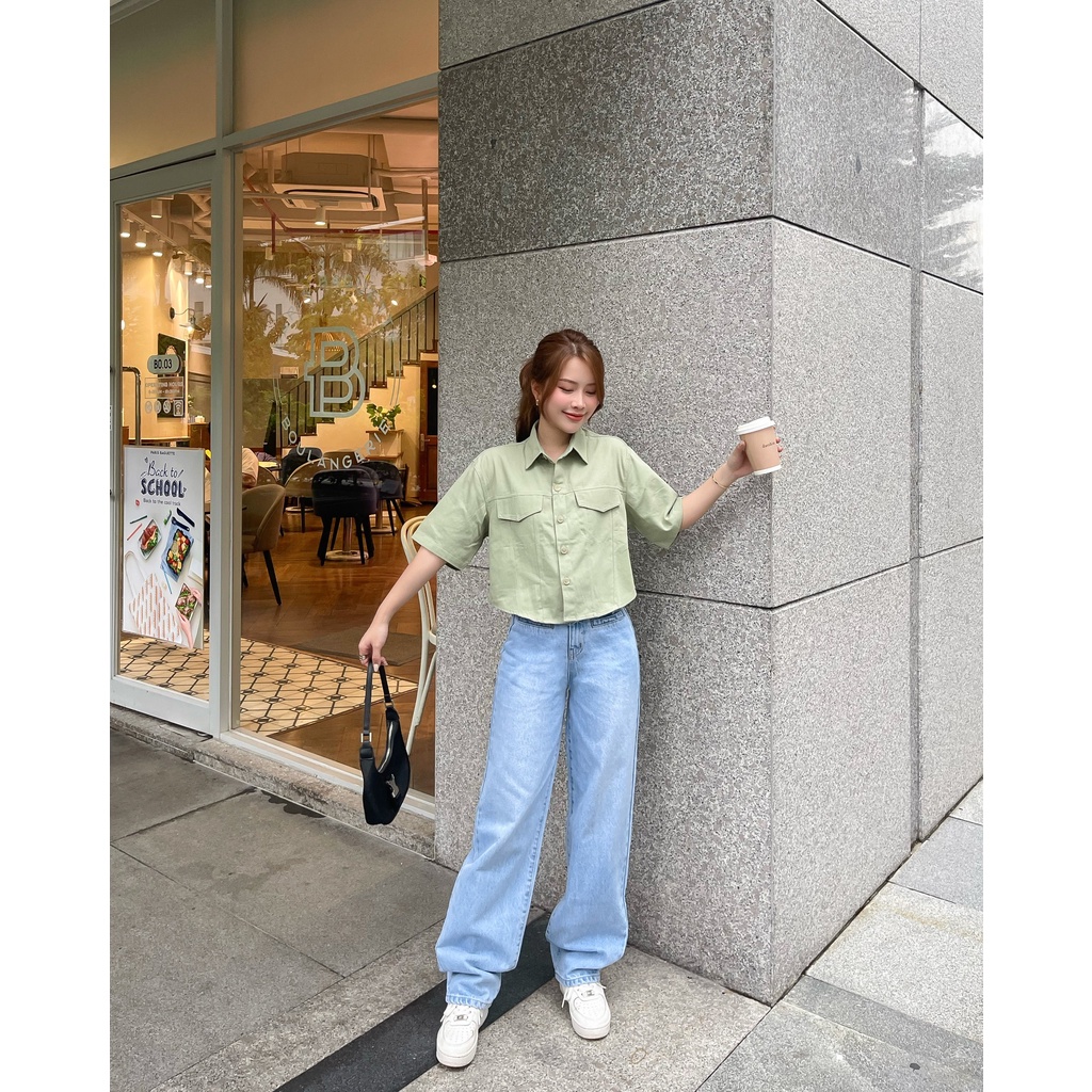 Surichau House - Jeans dáng suông túi trước màu vintage ba màu phong cách trendy