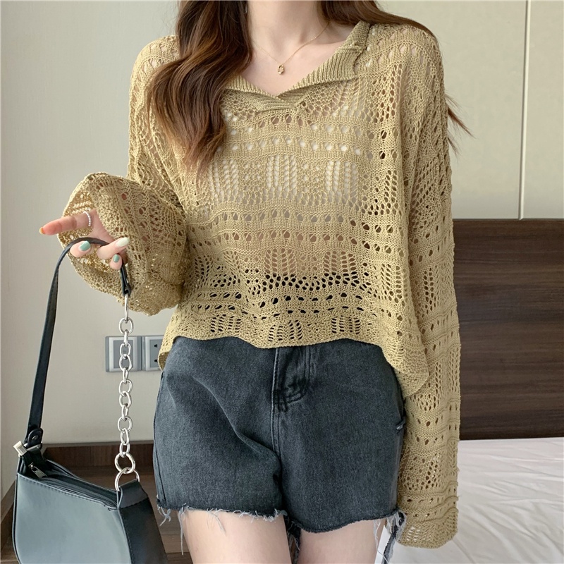 【ZHELIHANGFEI】Áo Dệt Kim Tay Dài Cổ Chữ V Dáng Rộng Xinh Xắn Thời Trang