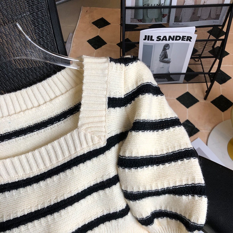 Áo sweater Dệt Kim Cổ Vuông Họa Tiết Kẻ Sọc Màu Sắc Tương Phản Thời Trang Mùa Thu Cho Nữ