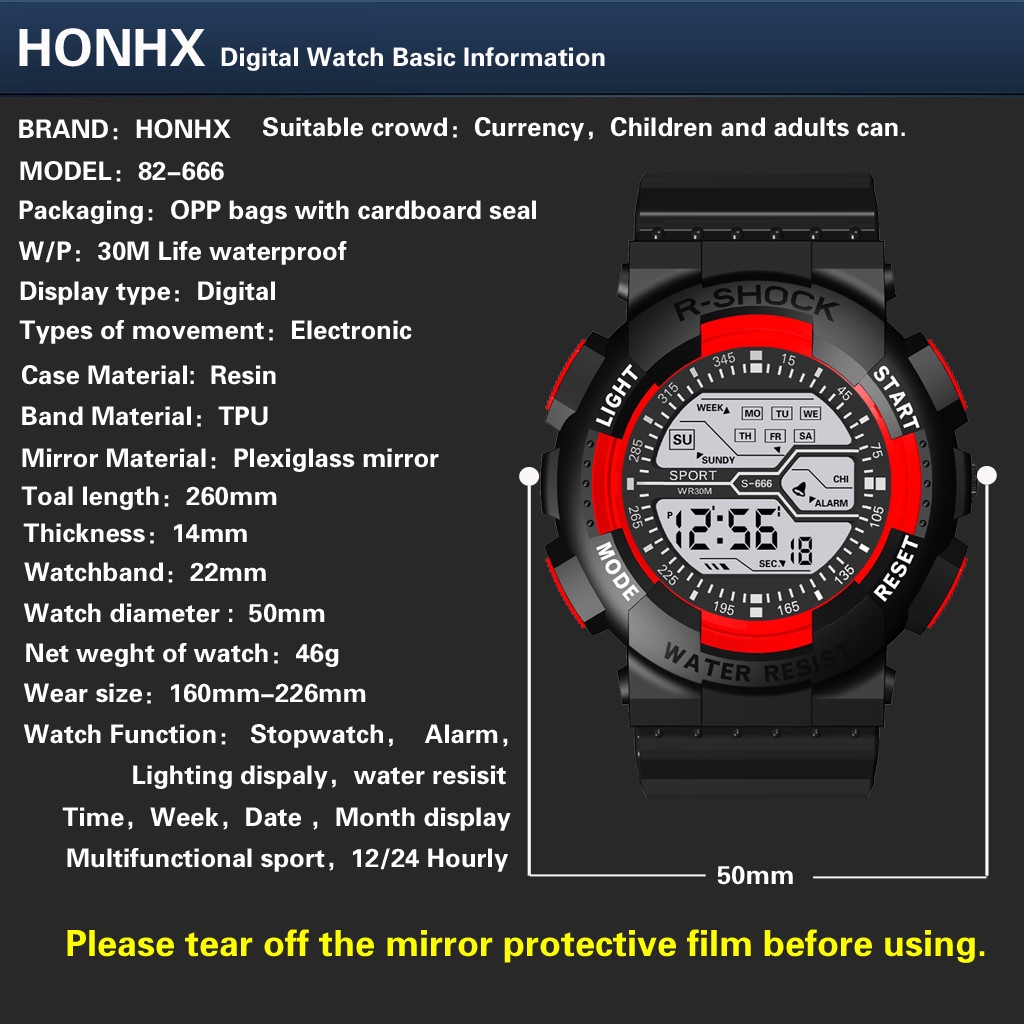 Đồng hồ điện tử thời trang thể thao chống thấm nước màn hình phát sáng bảy màu tùy chọn HONHX